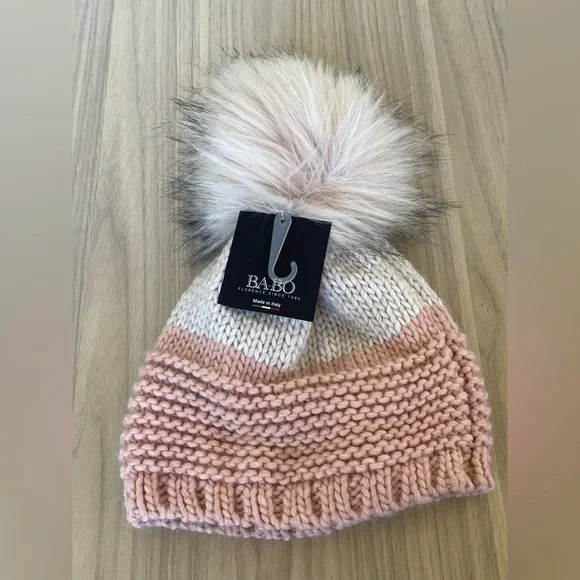 BA-BO Pink and White Knit Hat with Pom-Pom - Picture 6 of 7